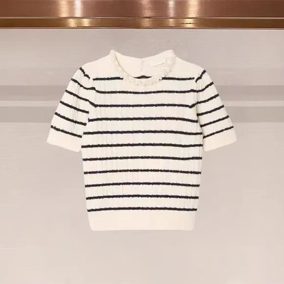 VILZSTUDIOS Striped Round Neck Knit Slim Sweater