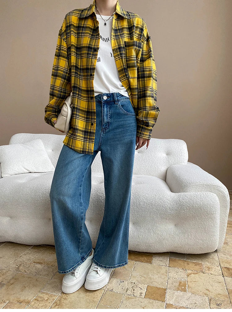VILZSTUDIOS Yellow Plaid Oversized Loose Fit Shirt