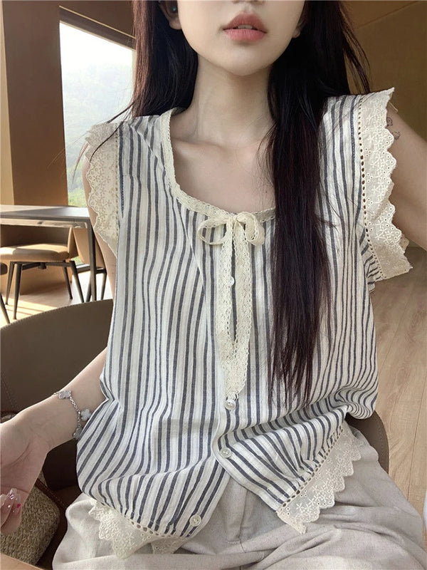 Chic Striped Lace Sleeveless Blouse