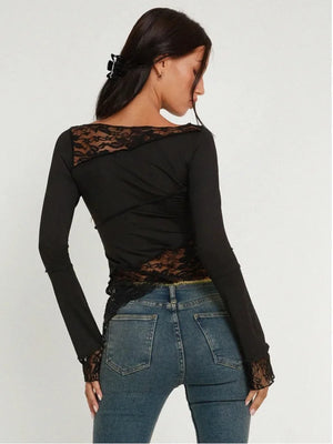 VILZSTUDIOS White Lace Patchwork Long Sleeve T-Shirt