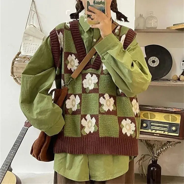 VILZSTUDIOS Vintage Knitted Daisy Flower Vest & Shirt