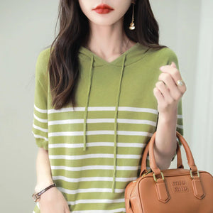VILZSTUDIOS Striped Knitted Hooded T-Shirt