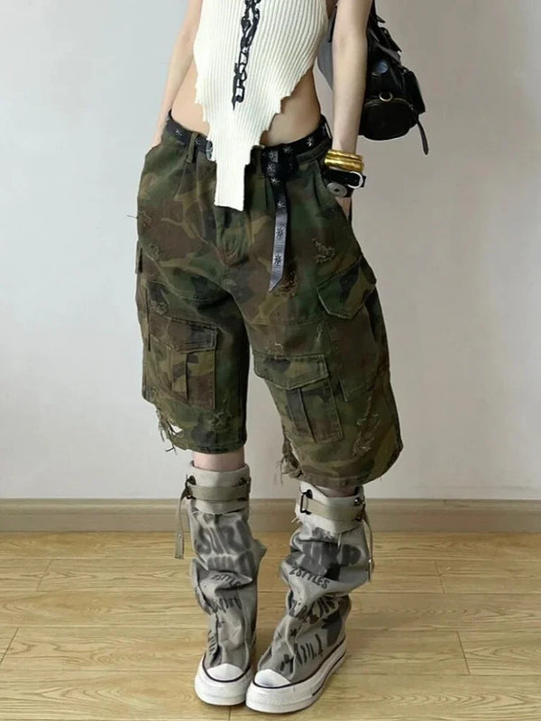 Vintage Camouflage Grüne High Waist Jeans