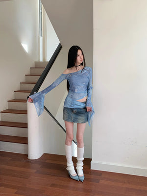 VILZSTUDIOS Blue Mesh Graphic Flare Sleeve Top