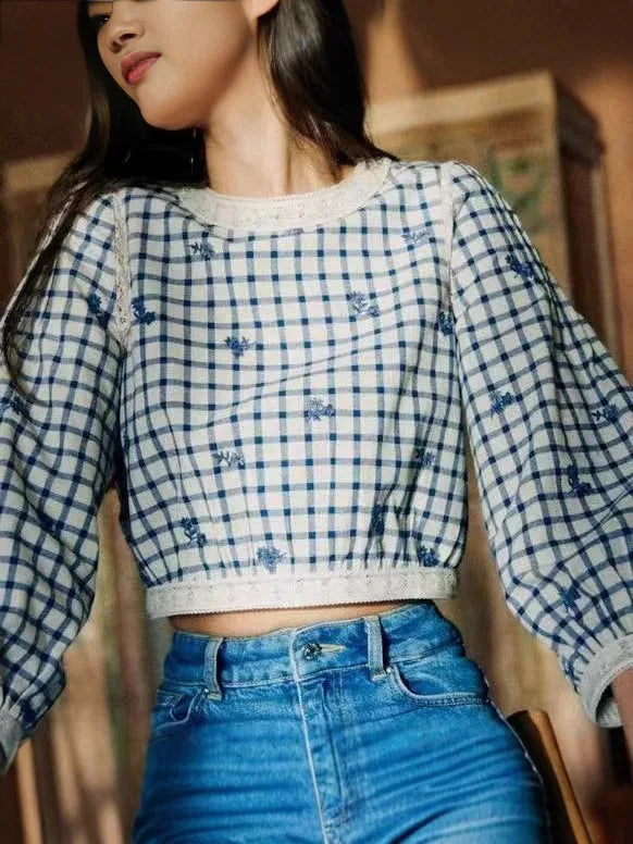 VILZSTUDIOS Rustic Floral Embroidered Plaid Blouse