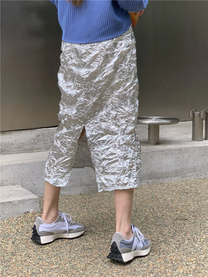 VILZSTUDIOS Silver Metallic Ruched High Skirt