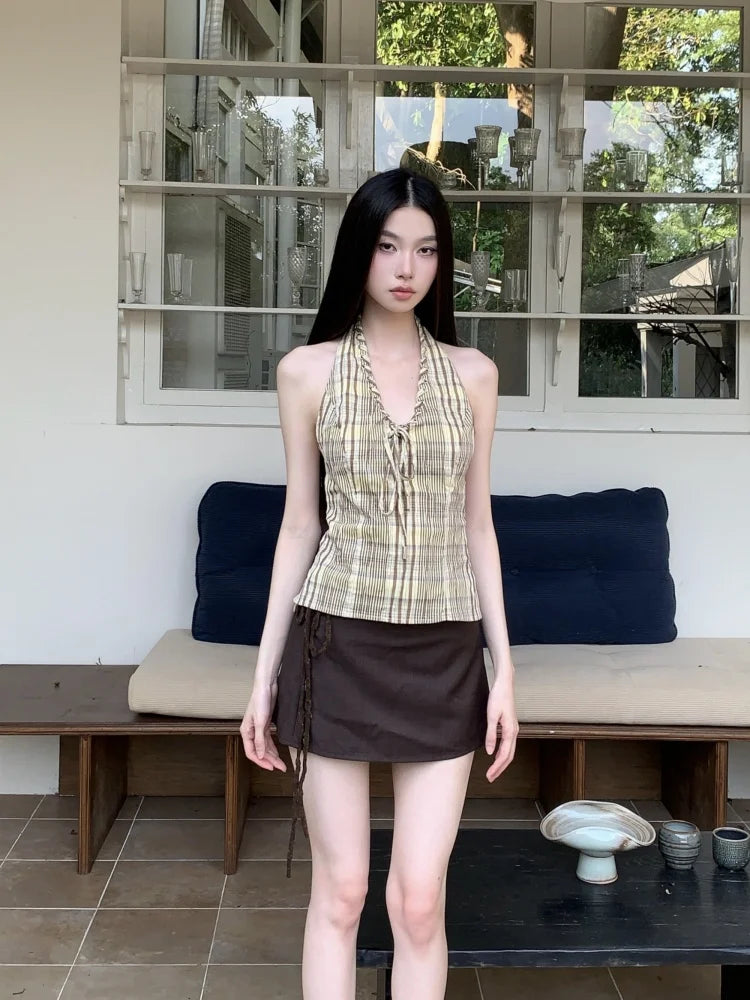 VILZSTUDIOS Yellow Plaid Backless Halter Top