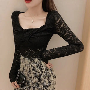 VILZSTUDIOS Lace Hollow Out Long Sleeve Top