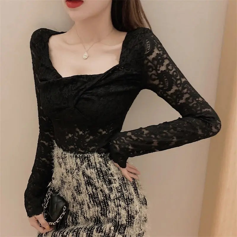 VILZSTUDIOS Lace Hollow Out Long Sleeve Top
