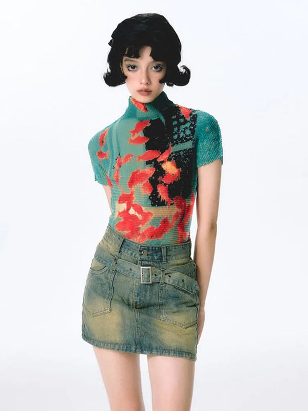 Goldfish Print Turtleneck Slim T-Shirt