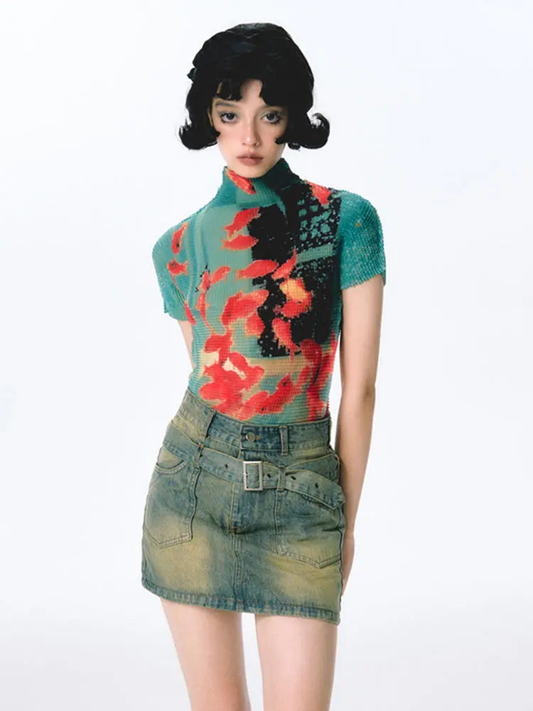 VILZSTUDIOS Goldfish Print Turtleneck Slim T-Shirt