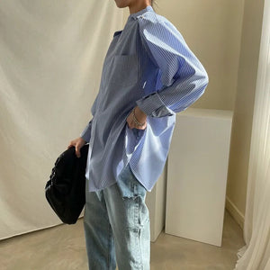 VILZSTUDIOS Chic Striped Metal Buttoned Blouse