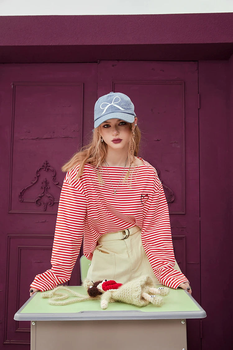 VILZSTUDIOS Monochrome Striped Love Embroidered Top