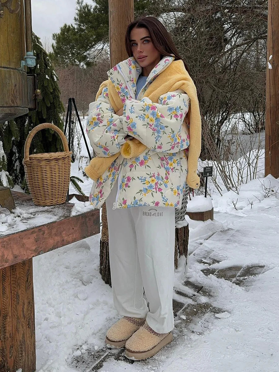 VILZSTUDIOS Cozy Floral Print Oversized Puffer Jacket