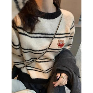 VILZSTUDIOS Striped Cartoon Embroidery Sweater