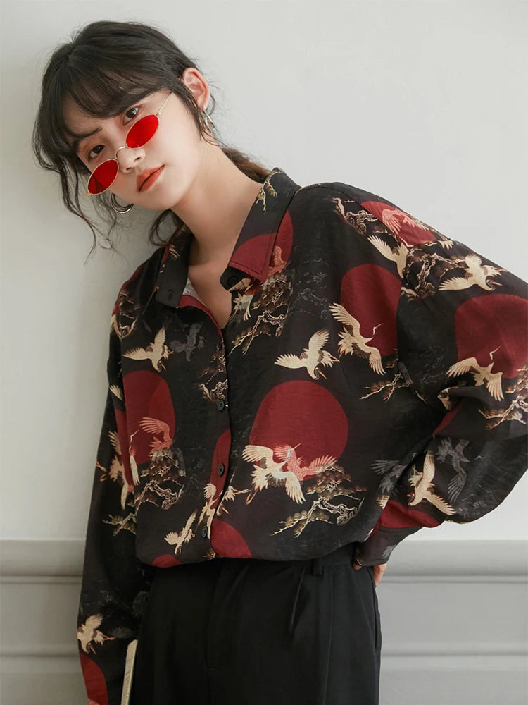 VILZSTUDIOS Vintage Japanese Birds Print Blouse