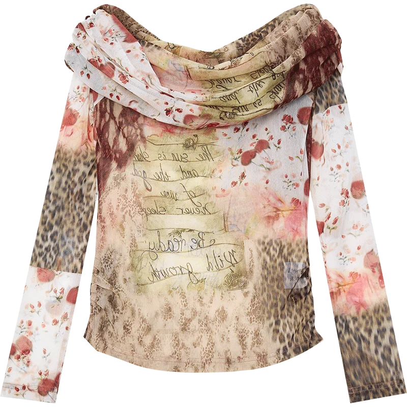 VILZSTUDIOS Elegant Printed Mesh Long Sleeve Blouse