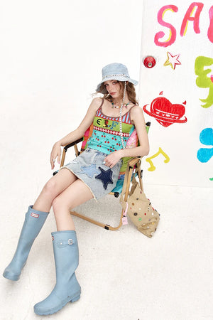 VILZSTUDIOS Stylish Star Print Light Denim Mini Skirt