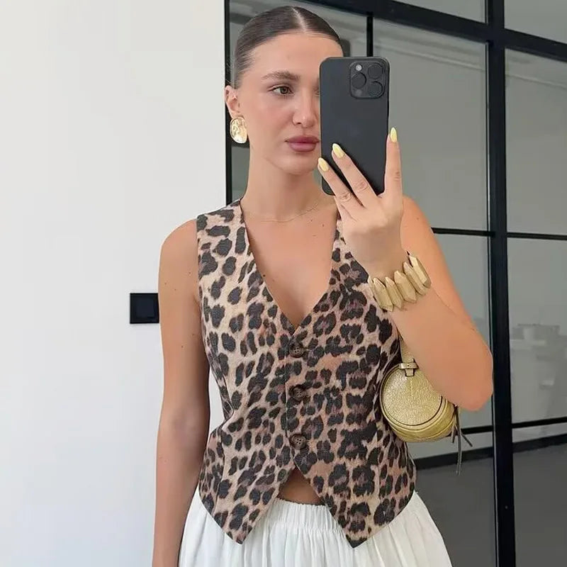 VILZSTUDIOS Leopard Print Cropped Vest