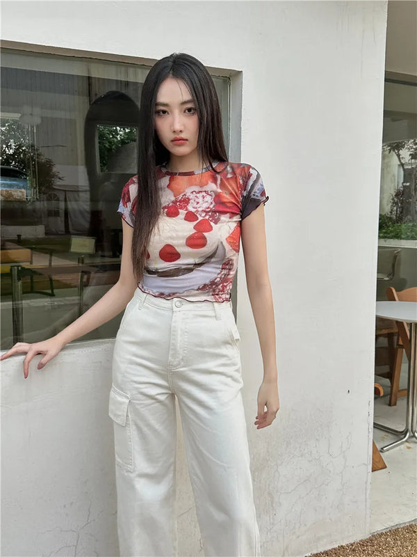 Fruit Cake Print Mesh T-Shirt