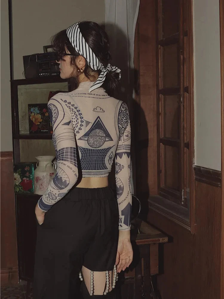 VILZSTUDIOS Sheer Nude Mesh Long Sleeve Crop Top
