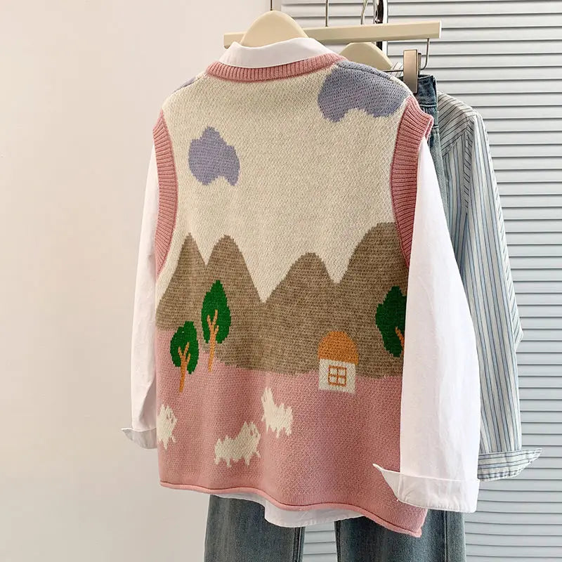 VILZSTUDIOS Oversized Jacquard Knit Sleeveless Cardigan