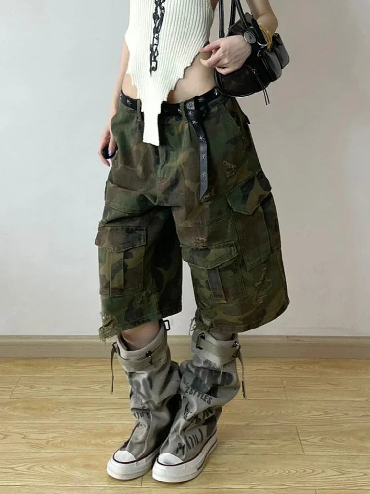 VILZSTUDIOS Vintage Camouflage Green High Waist Jeans