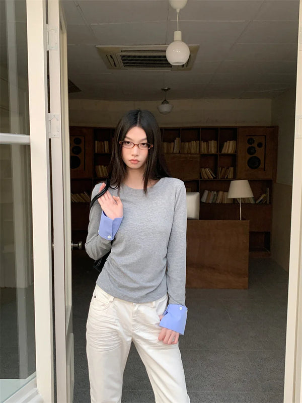 Stylish Grey Long Sleeve Shirring Top