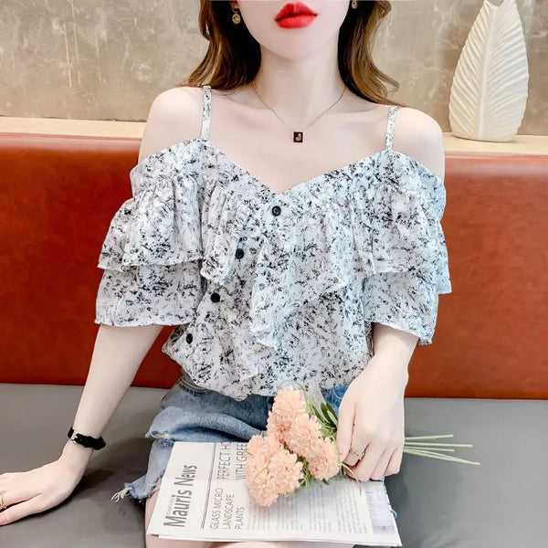 Stylish French Ruffled Off-Shoulder Suspender Blouse