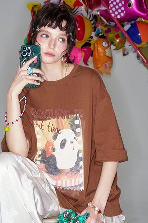 VILZSTUDIOS Panda Print Loose Short Sleeved T-Shirt