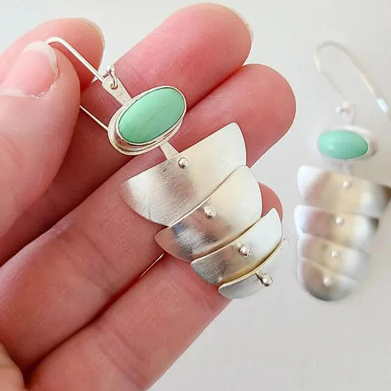 VILZSTUDIOS Green Stone Carved Silver Dangle Earring