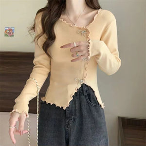 VILZSTUDIOS Irregular Knitted Bow Buttons Sweater