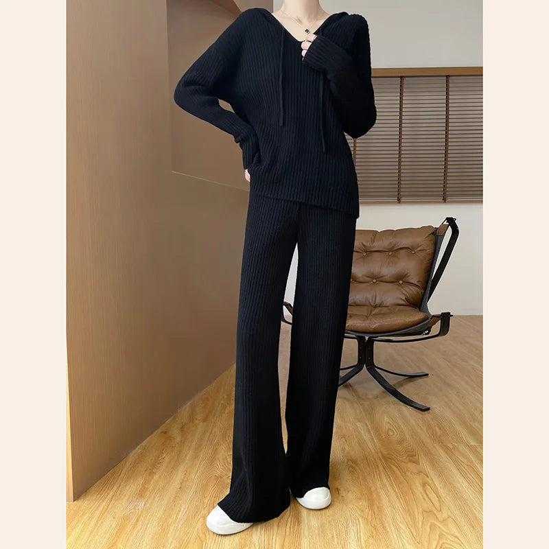 VILZSTUDIOS Cozy Knitted Wide Leg Pants & Hoodie Set