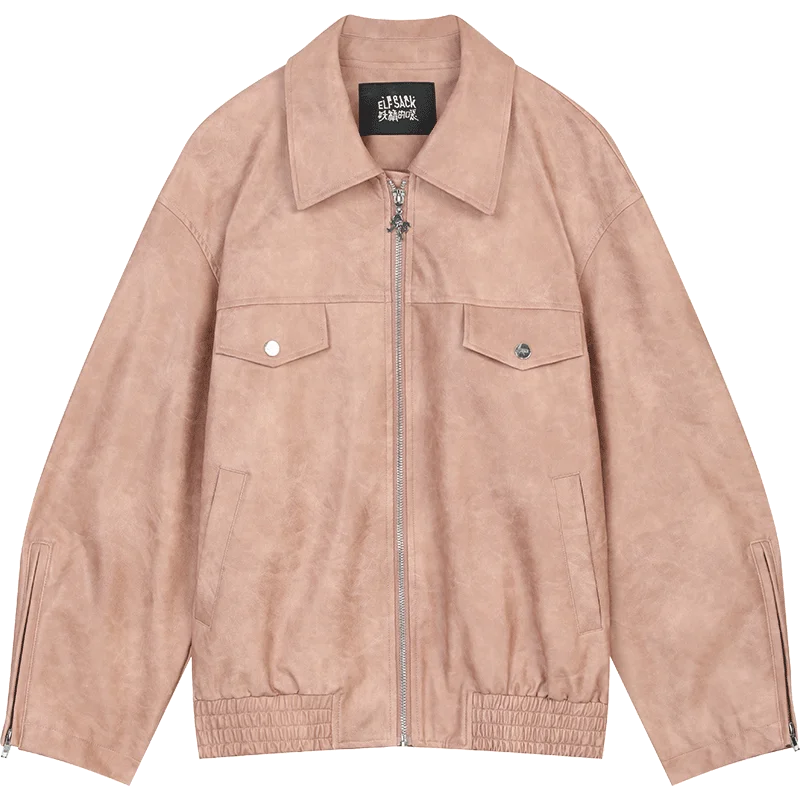 VILZSTUDIOS Y2K Vintage Texture Zip-Up Biker Leather Jacket
