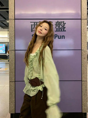 VILZSTUDIOS Elegant Green Sheer Blouse
