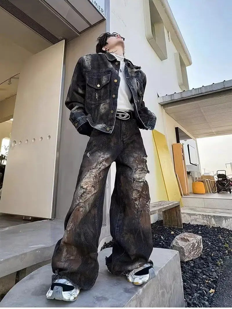 VILZSTUDIOS Retro Distressed Wide Leg Jeans