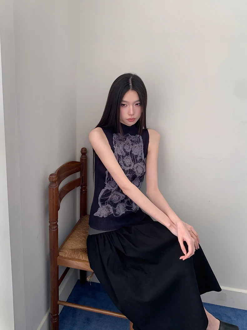 VILZSTUDIOS Floral Black Sleeveless Turtleneck Tank Top