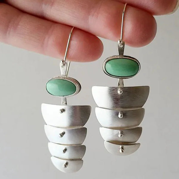 Green Stone Carved Silver Dangle Earring