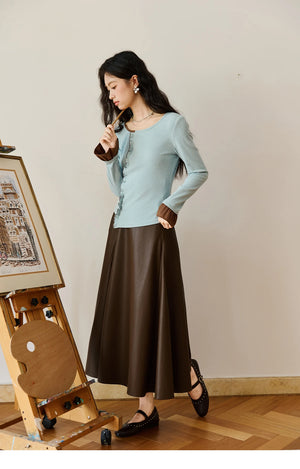 VILZSTUDIOS Blue Color Blocked Knitted Ruffled Long Sleeve Top