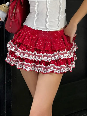 VILZSTUDIOS Lace Trim Layered Ruffled Mini Skirt