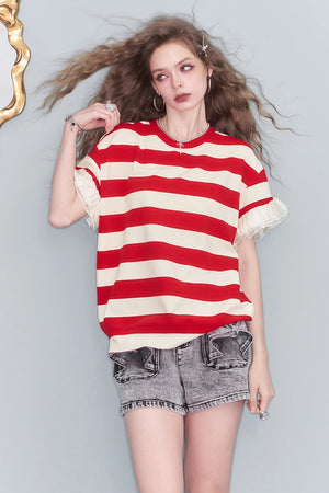 VILZSTUDIOS Colorful Stripe Mesh Splice Loose T-Shirt