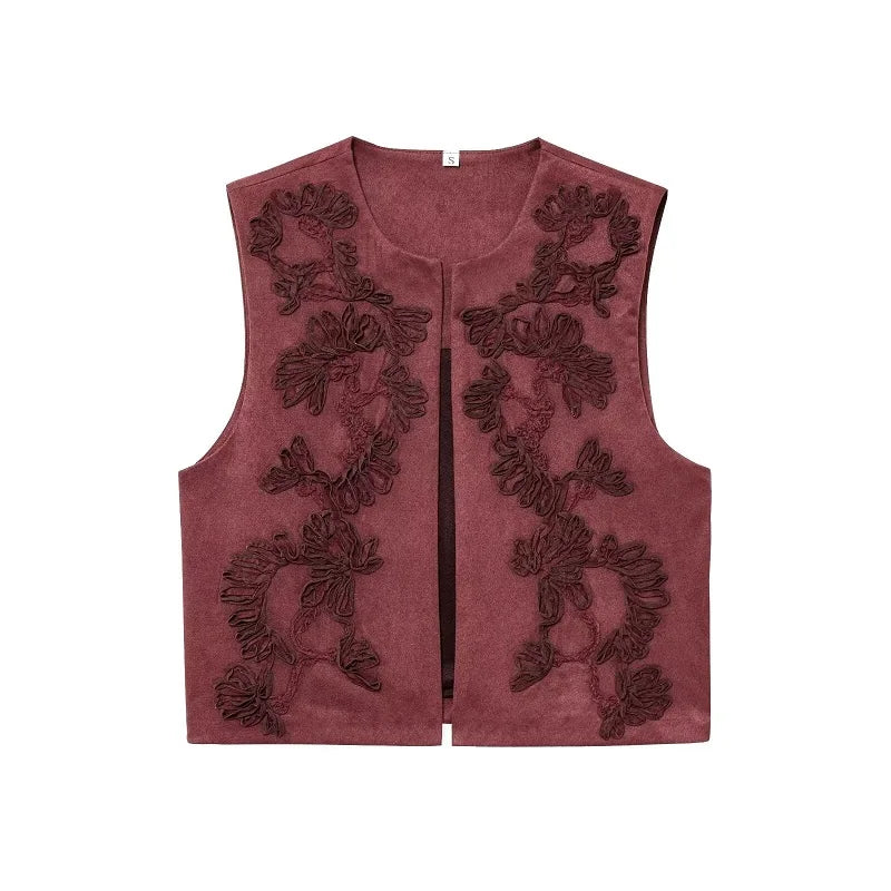 VILZSTUDIOS Stylish Embroidered Faux Suede Vest