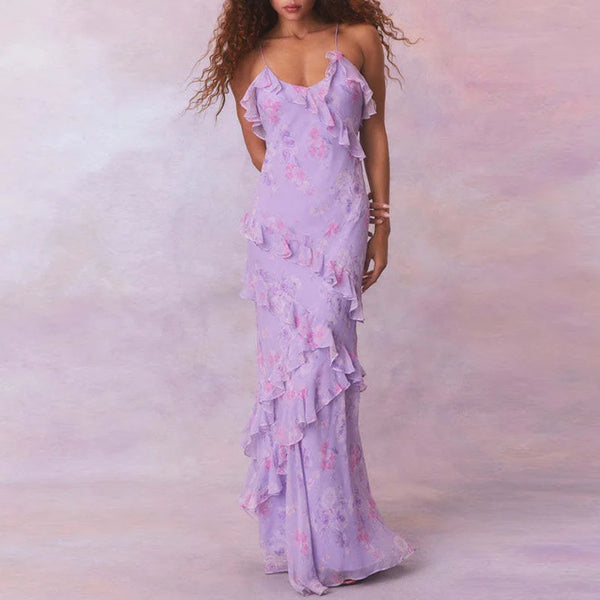 Boho Floral Ruffle Suspender Dress Women