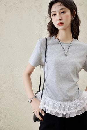VILZSTUDIOS Versatile Lace Hem Splicing Round T-Shirt