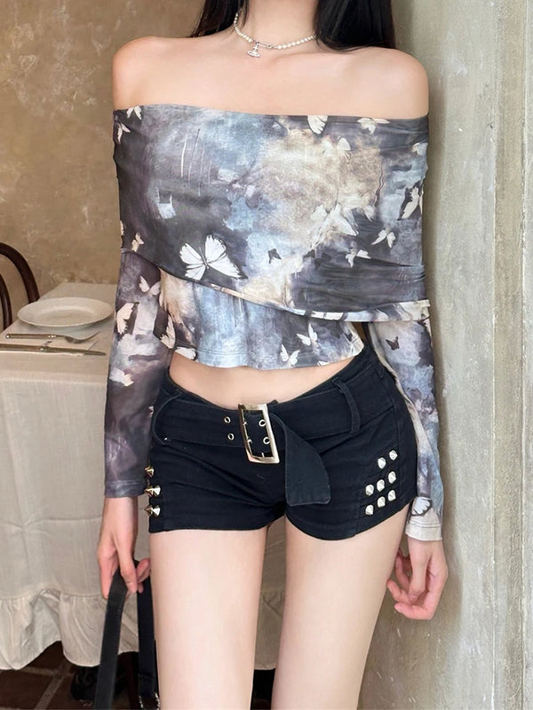 Butterfly Long Off Shoulder Sleeve Mesh Blouse