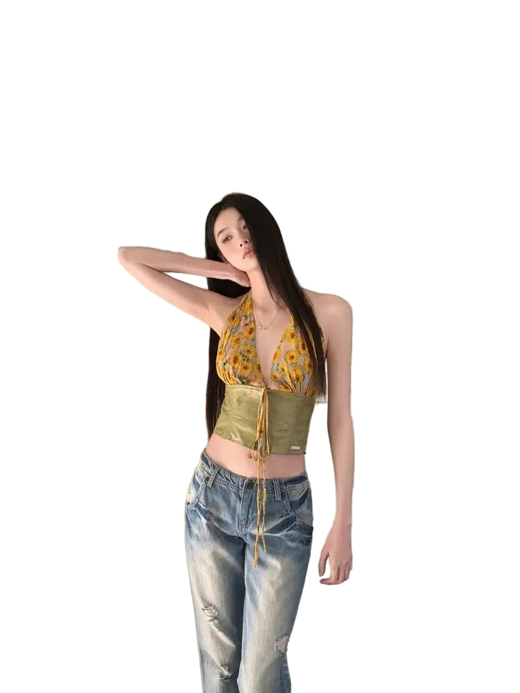 VILZSTUDIOS Yellow Daisies Front Tie Halter Crop Top
