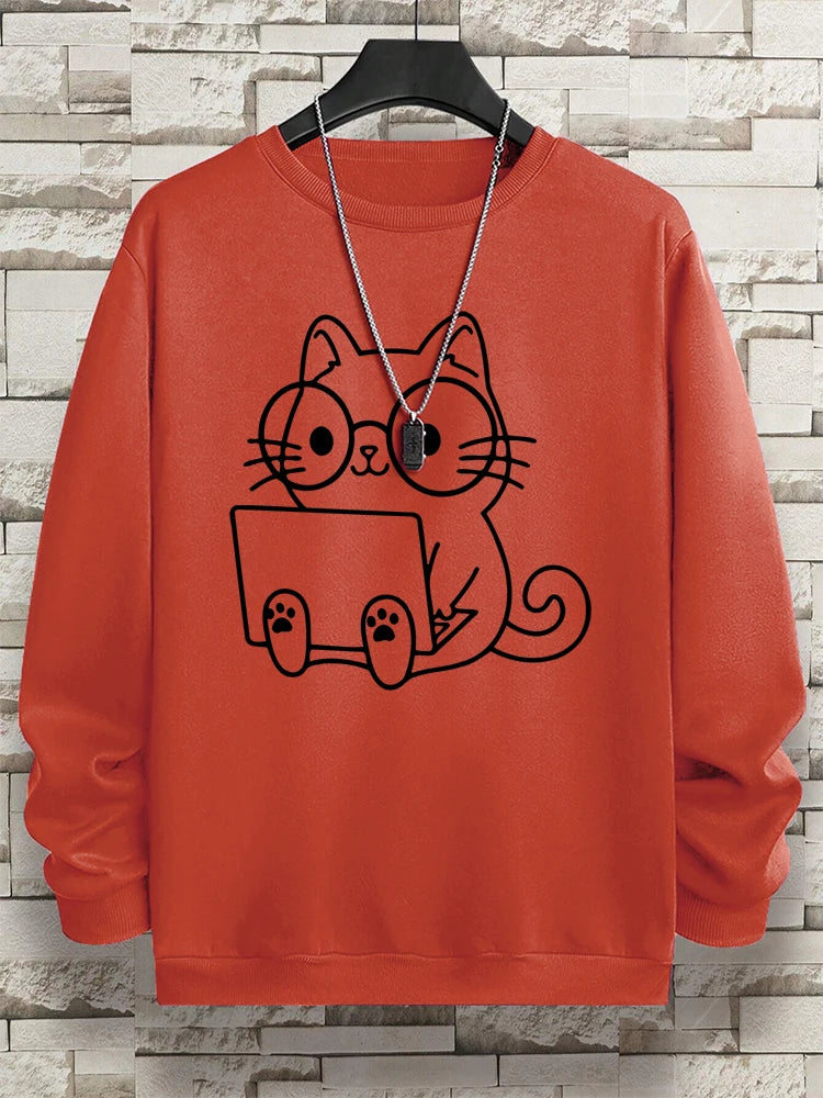 VILZSTUDIOS Nerdy Cat Print Loose Long Sleeve Top