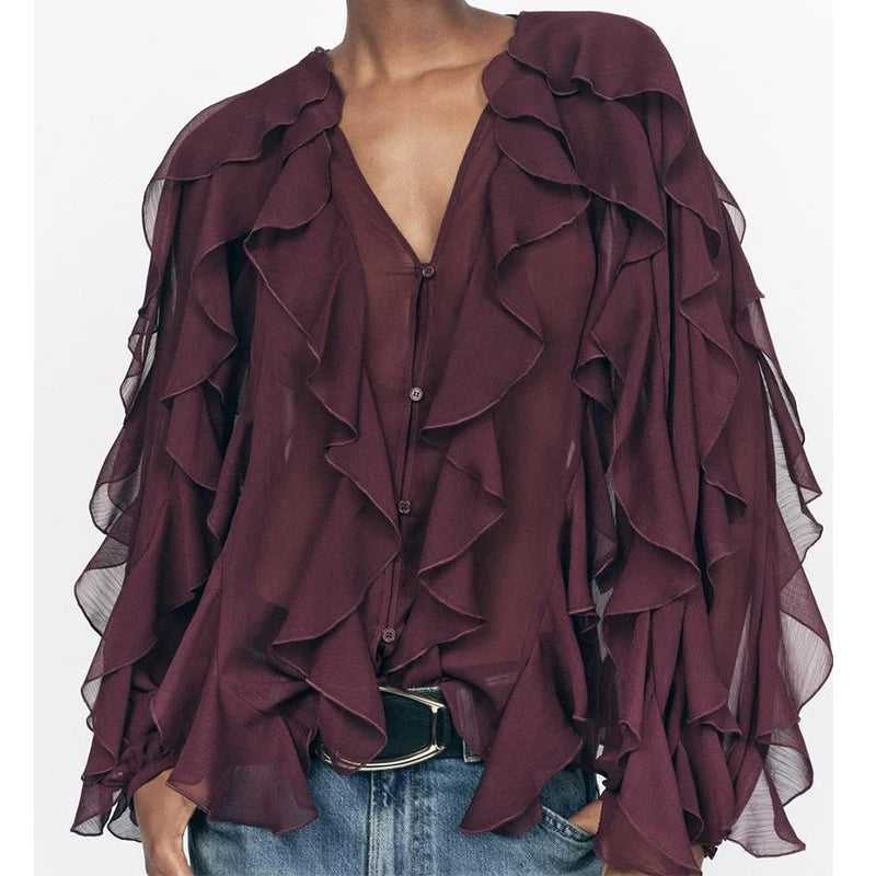 VILZSTUDIOS Yenkye Semi Sheer Ruffle Blouse