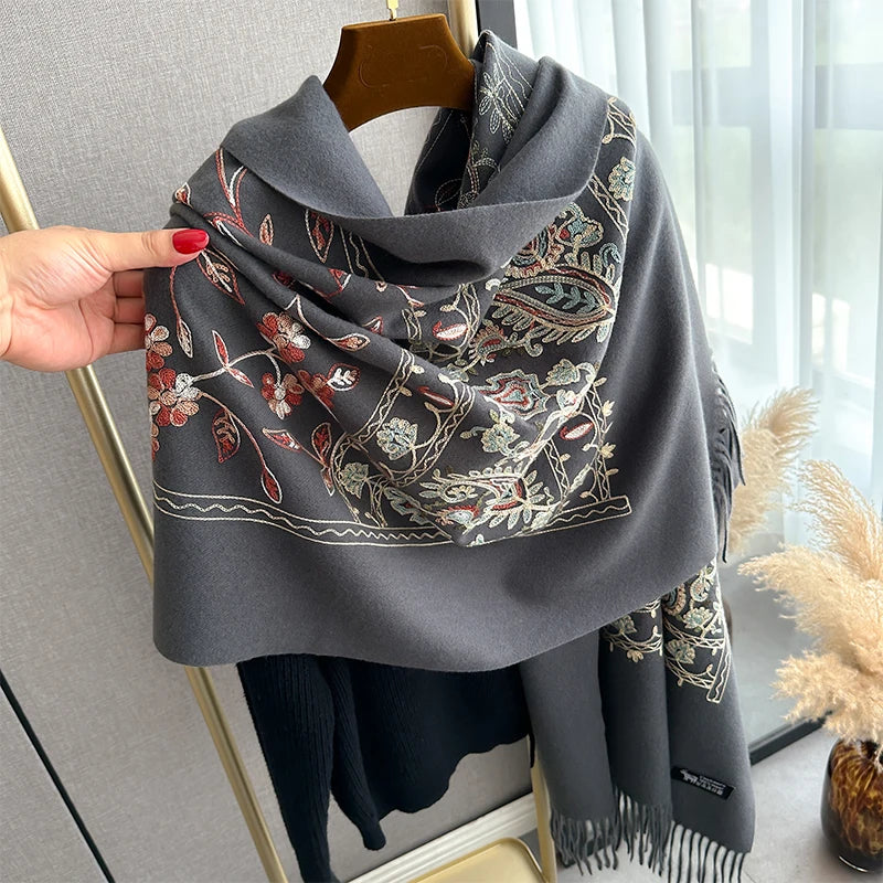 VILZSTUDIOS New Luxury Design Winter Embroidery Cashmere Scarves High Quality Women Thicken Wrap Shawl Ladies Warm Wool Pashmina Scarf