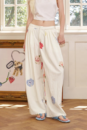 VILZSTUDIOS Hand Drawn Flower Pleated Wide Pants